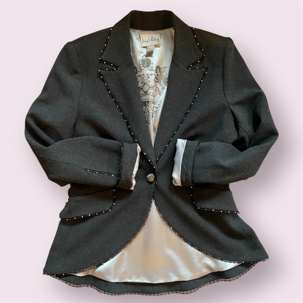 Joseph Ribkoff: Dark Gray Jacket Blazer w/Black Lace Trim | Size US 12